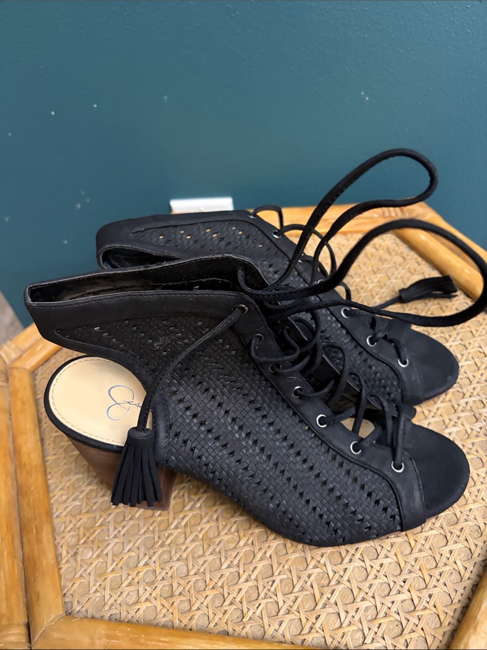 Jessica Simpson Black Lace-Up Peep Toe Heeled Sandals